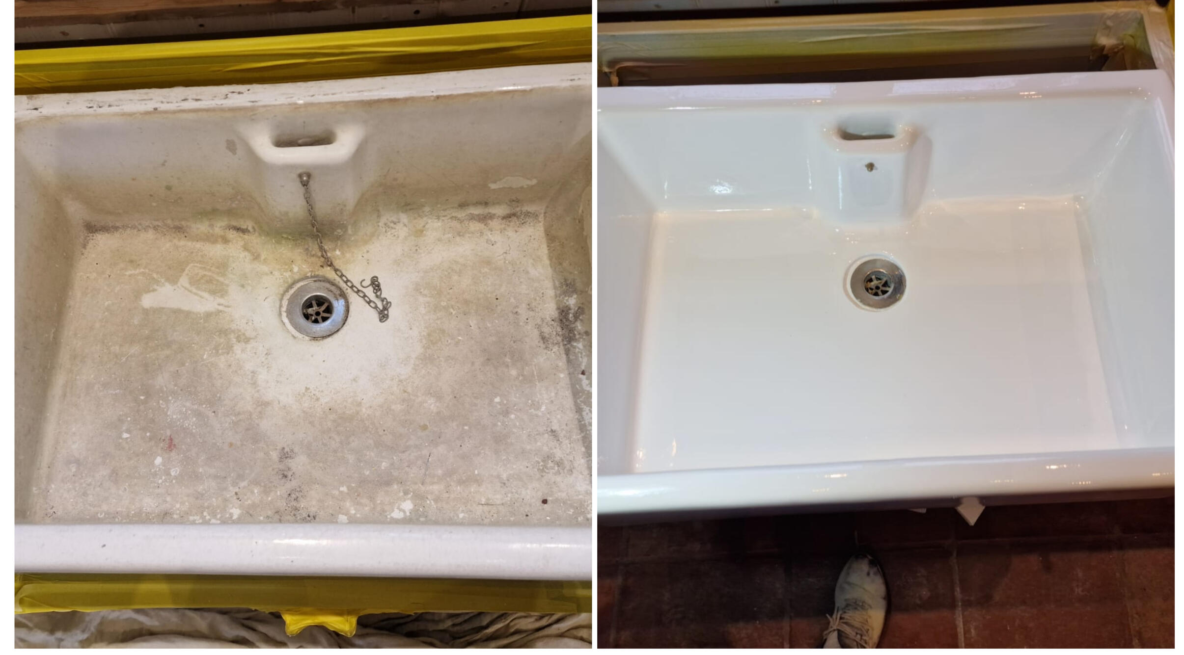 BELFAST KITCHEN SINK RESTORED IN Bristol BEFORE AND AFTER PHOTOS OF A KITCHEN CERAMIC BELFAST SINK, WAS DAMAGED AND FULL OF CHIPS, FULLY RESORED TO A LIKE NEW FINISH IN Bristol
