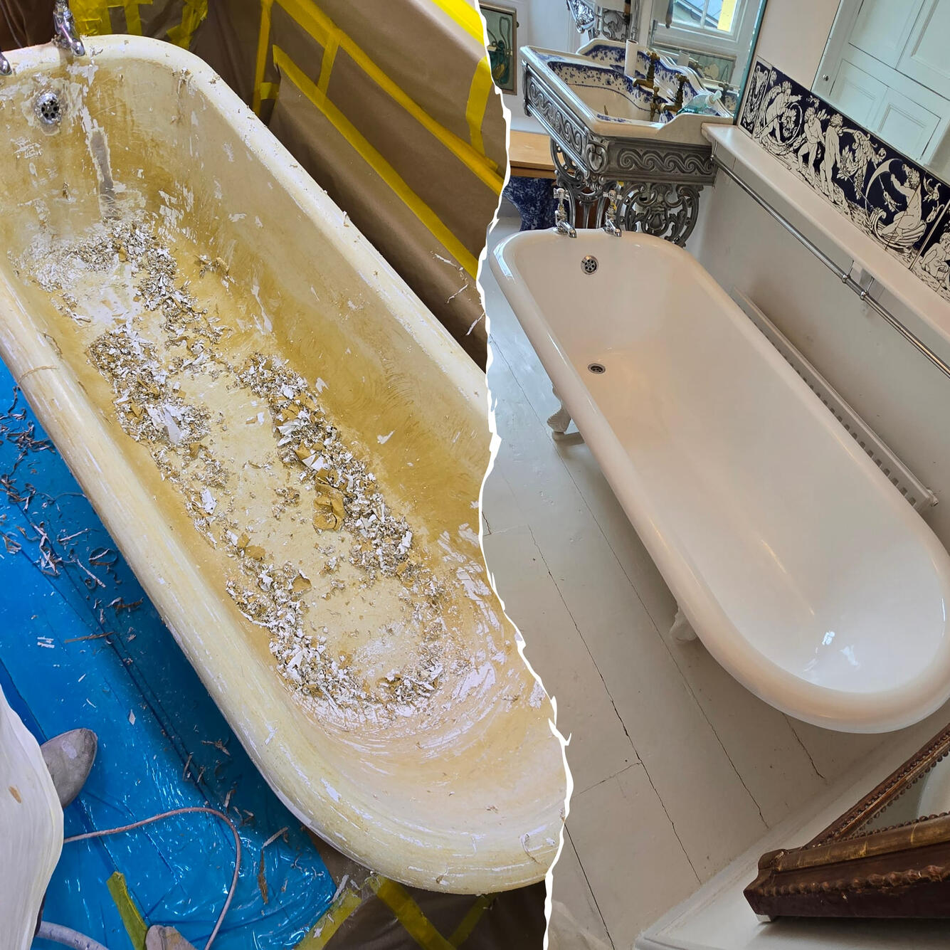 ROLL TOP BATH RE-ENAMELLED IN a Bristol HOME BEFORE AND AFTER PICTURE OF A VICTORIAN CAST IRON ROLL TOP BATH, WAS STRIPPED OF THE OLD ENAMELL AND RESURFACED IN A BRILLIANT WHITE GLOSS IN Bristol