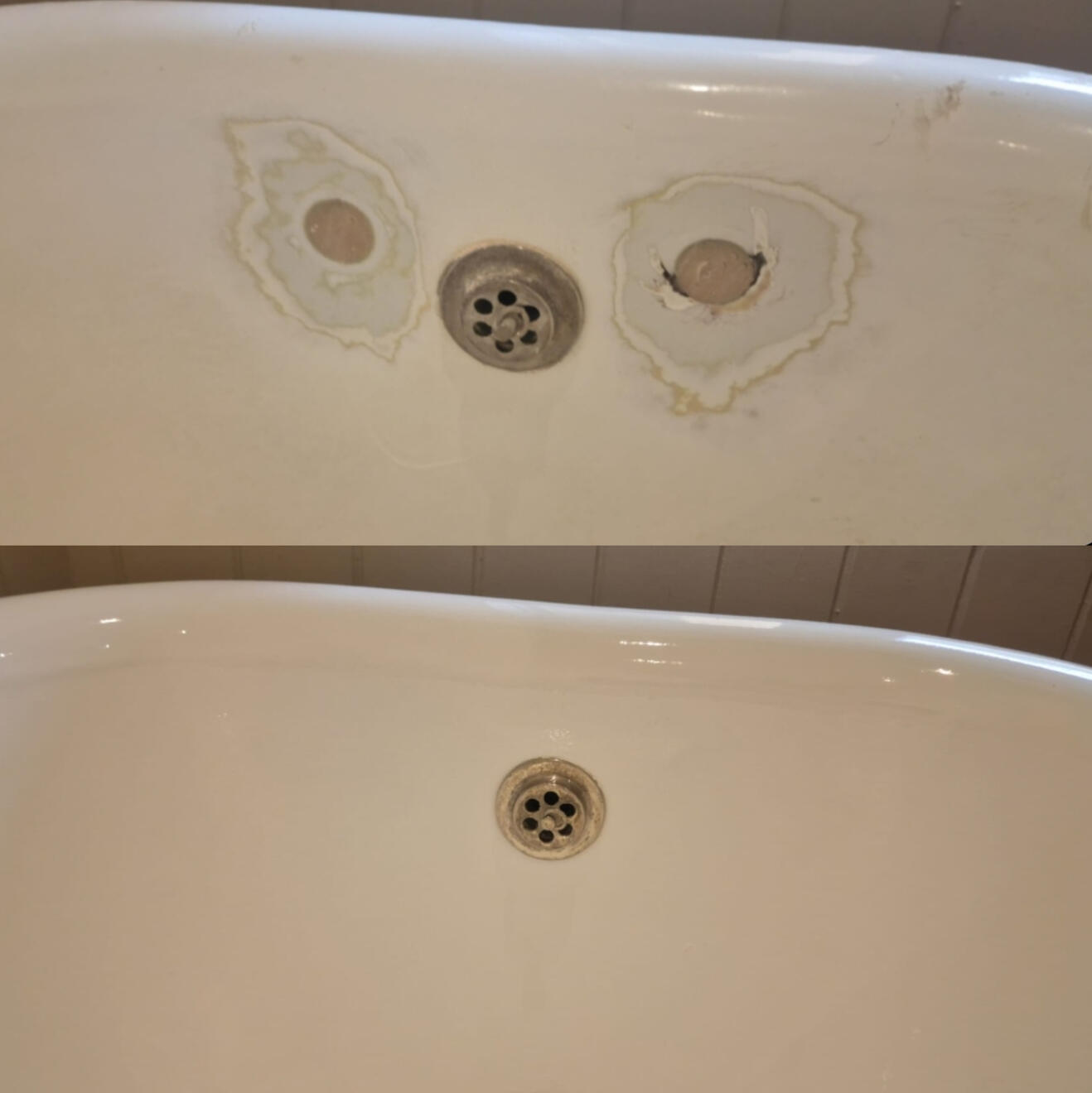 BEFORE AND AFTER PICTURES OF A CAST IRON BATH TAP HOLES FILLED AND REPAIRED BEFORE AND AFTER PICTURES OF A CAST IRON BATH TAP HOLES FILLED AND REPAIRED IN CENTER Of BRISTOL